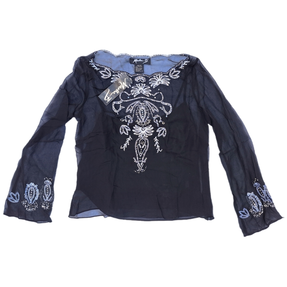 Martha B Embroidered Beaded Sheer Silk Long Sleeve Blouse Size M